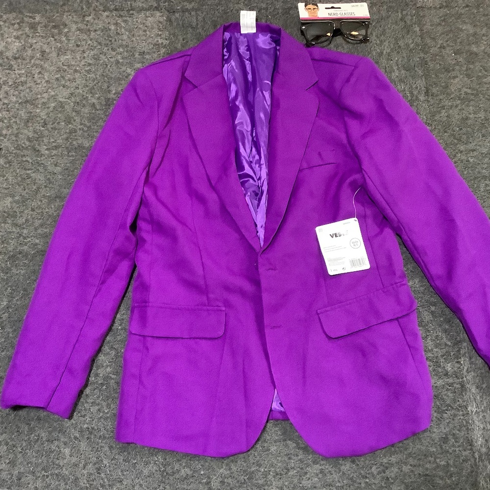 Purple sports coat with nerd glasses
